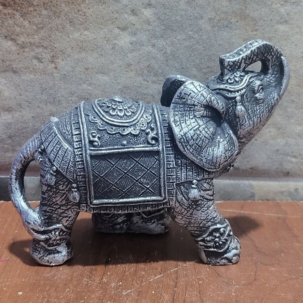 Silver Toned Elephant Resin Figurine Trunk Up